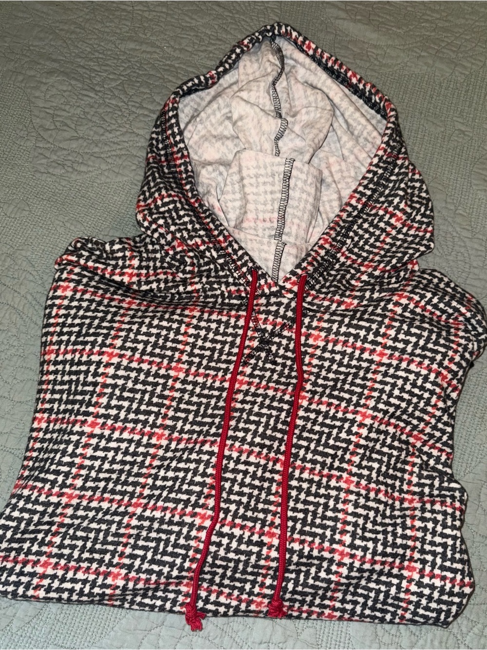 Self Esteem Women's Lightweight Houndstooth Hoodie - Black, White & Red Accents - Picture 3 of 4